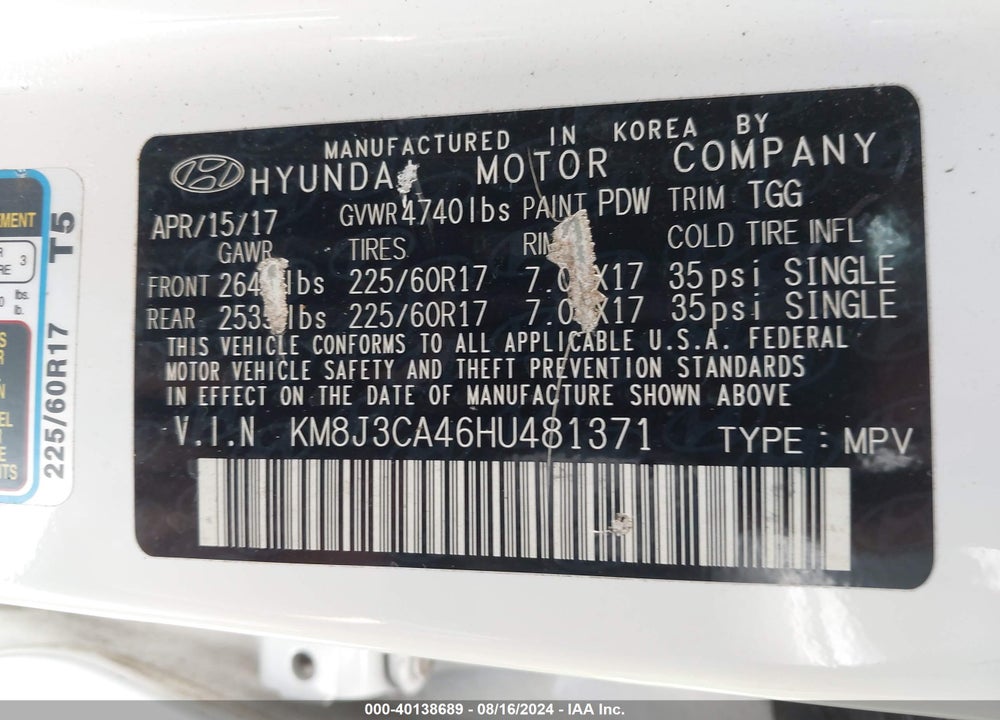 2017 HYUNDAI TUCSON SE VIN: KM8J3CA46HU481371