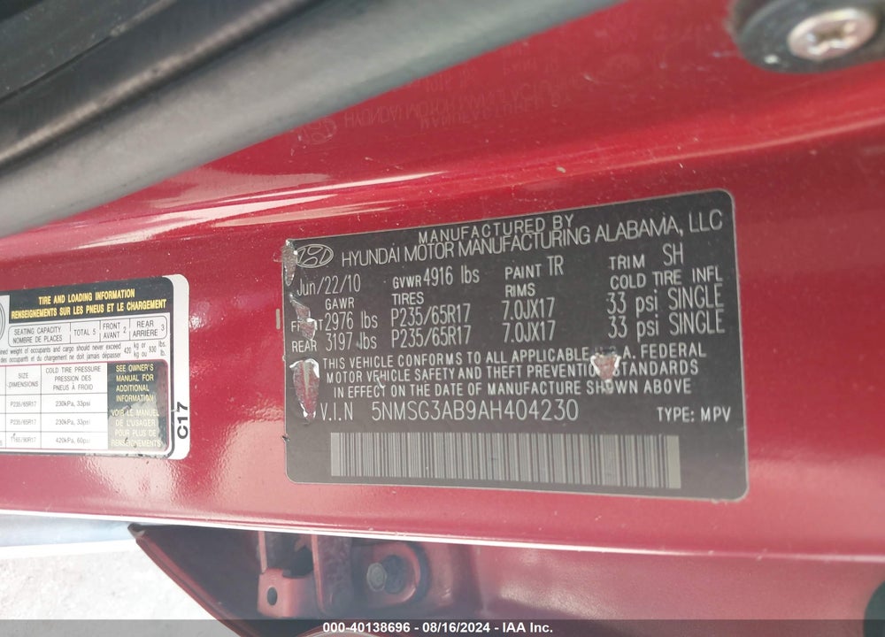 2010 HYUNDAI SANTA FE GLS VIN: 5NMSG3AB9AH404230