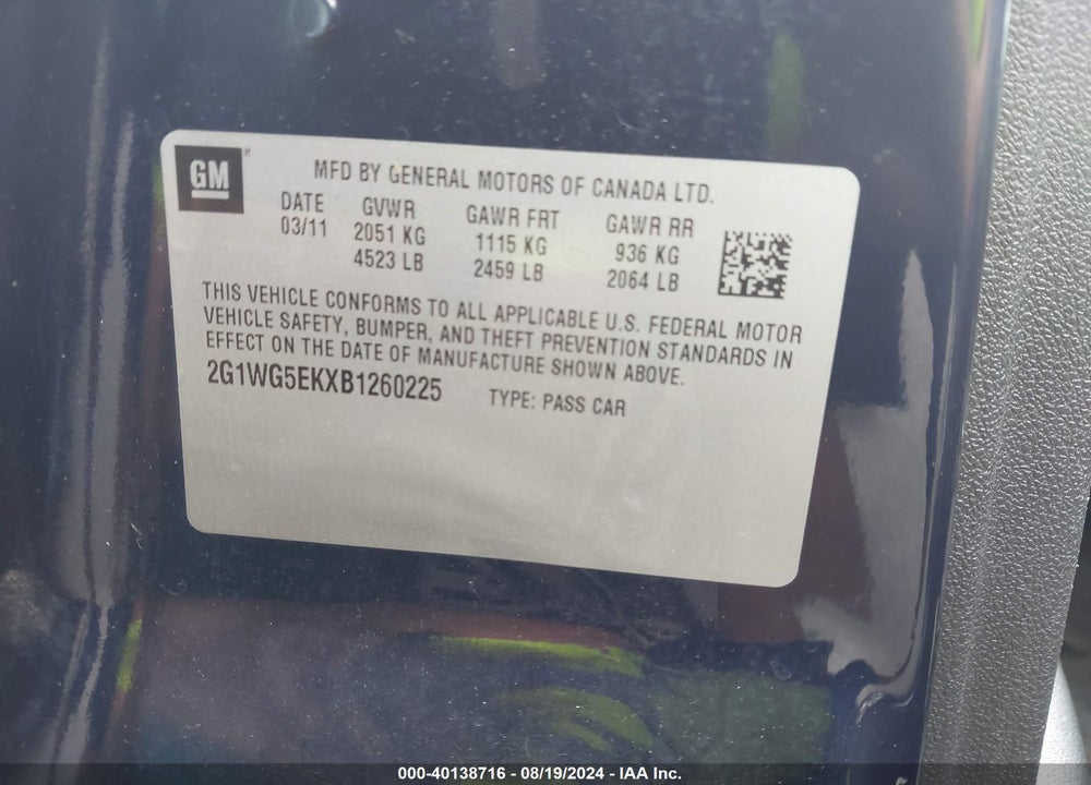 2011 CHEVROLET IMPALA VIN: 2G1WG5EKXB1260225