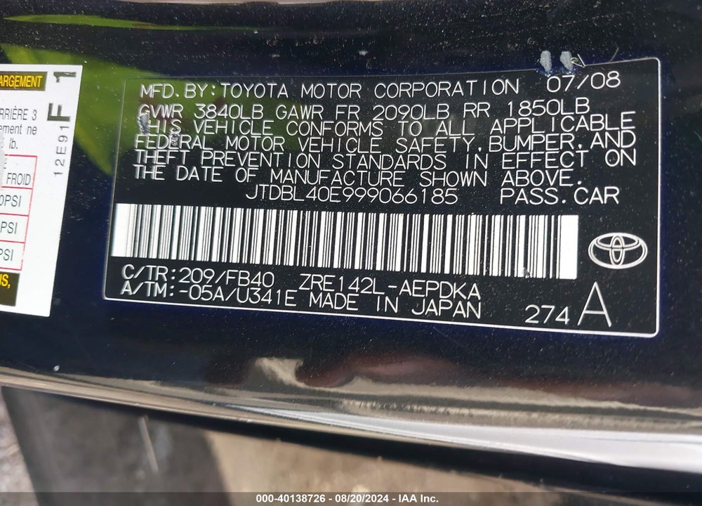 2009 TOYOTA COROLLA LE VIN: JTDBL40E999066185