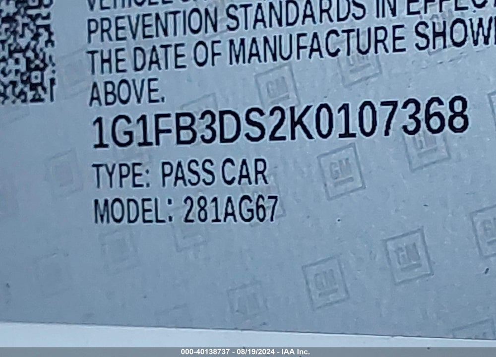 2019 CHEVROLET CAMARO 1LT VIN: 1G1FB3DS2K0107368