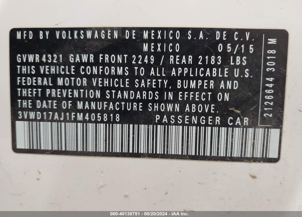 2015 VOLKSWAGEN JETTA 1.8T SPORT VIN: 3VWD17AJ1FM405818