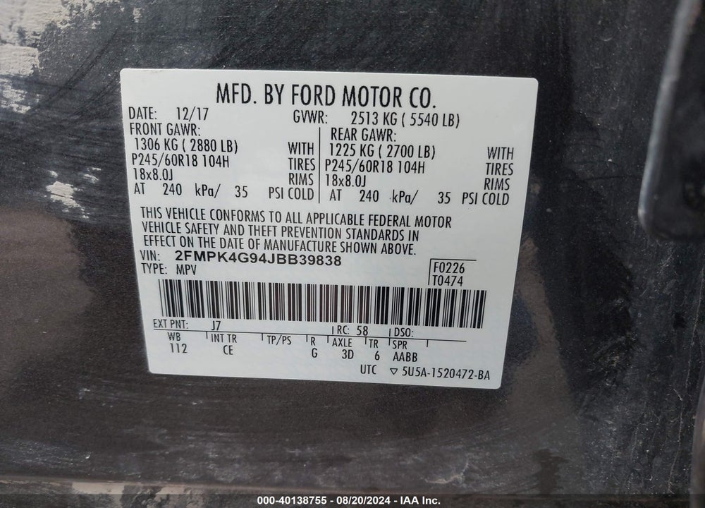 2018 FORD EDGE SE VIN: 2FMPK4G94JBB39838