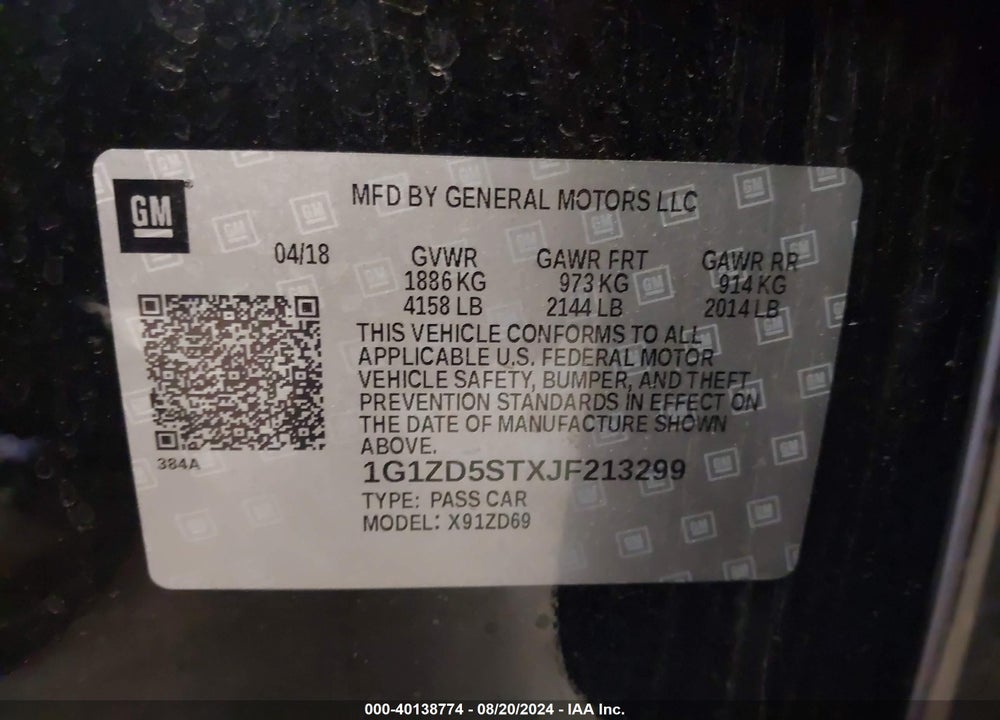 2018 CHEVROLET MALIBU LT VIN: 1G1ZD5STXJF213299