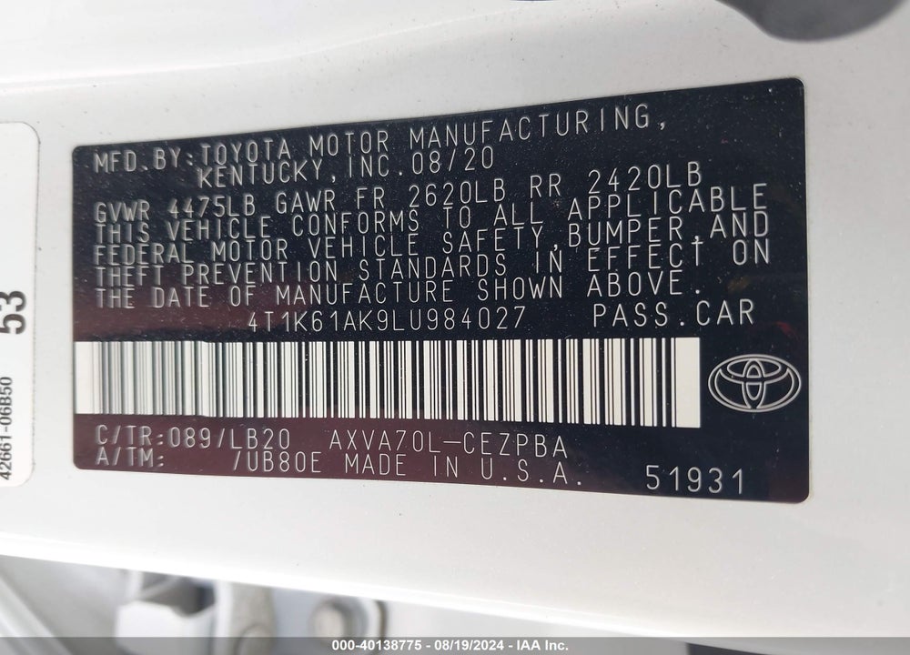 2020 TOYOTA CAMRY XSE VIN: 4T1K61AK9LU984027