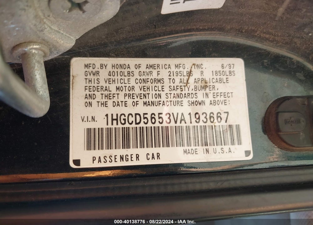 1997 HONDA ACCORD EX VIN: 1HGCD5653VA193667