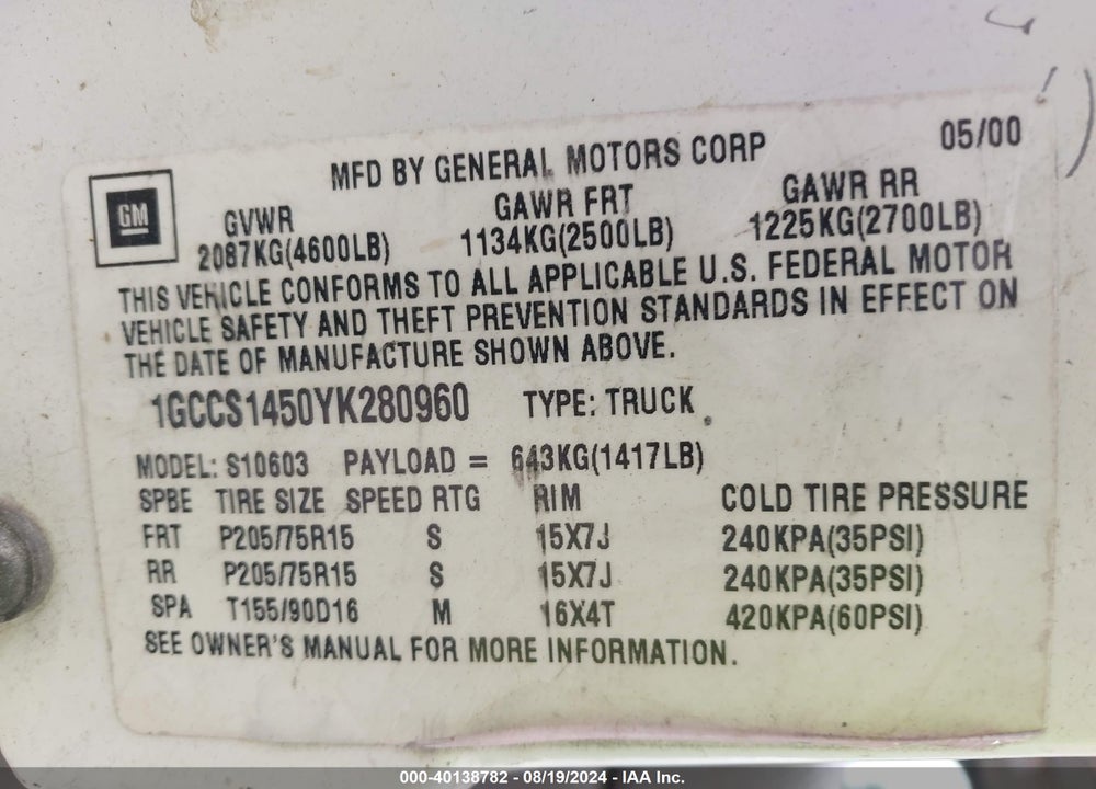 2000 CHEVROLET S-10 VIN: 1GCCS1450YK280960