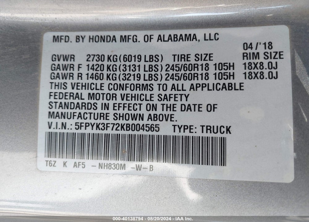 2019 HONDA RIDGELINE RTL-E VIN: 5FPYK3F72KB004565