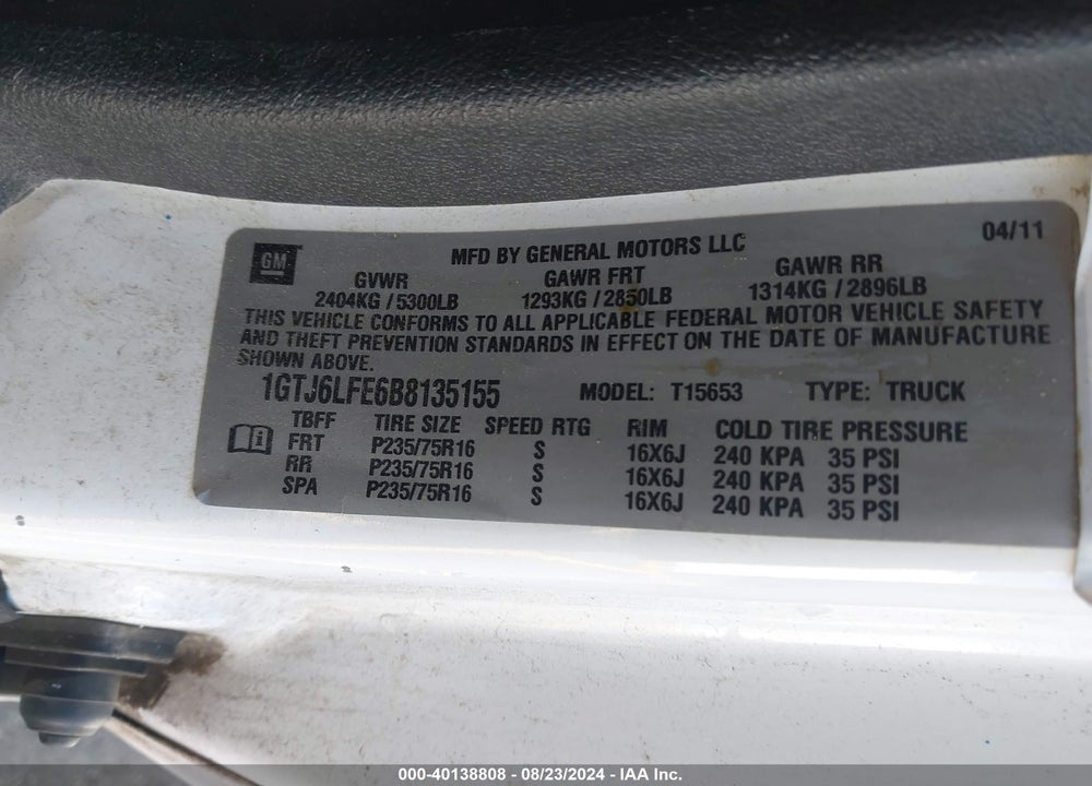 2011 GMC CANYON WORK TRUCK VIN: 1GTJ6LFE6B8135155