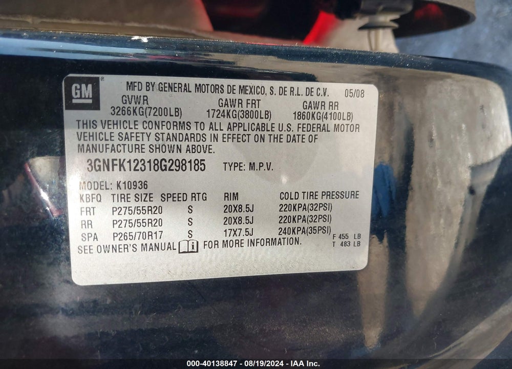 2008 CHEVROLET AVALANCHE 1500 VIN: 3GNFK12318G298185