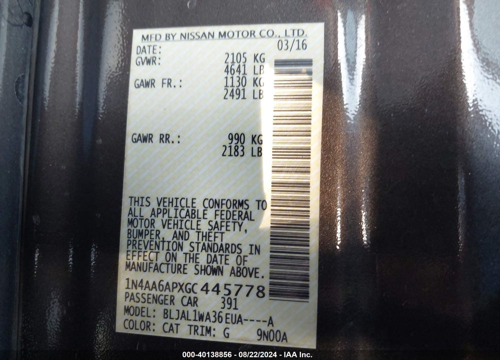 2016 NISSAN MAXIMA VIN: 1N4AA6APXGC445778