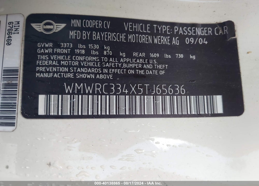 2005 MINI COOPER VIN: WMWRC334X5TJ65636