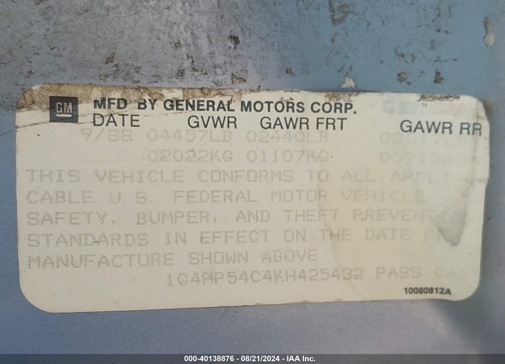 1989 BUICK LESABRE CUSTOM VIN: 1G4HP54C4KH425432
