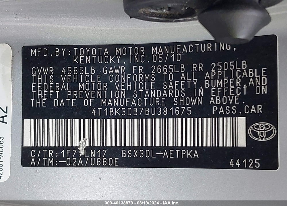 2011 TOYOTA AVALON LIMITED VIN: 4T1BK3DB7BU381675
