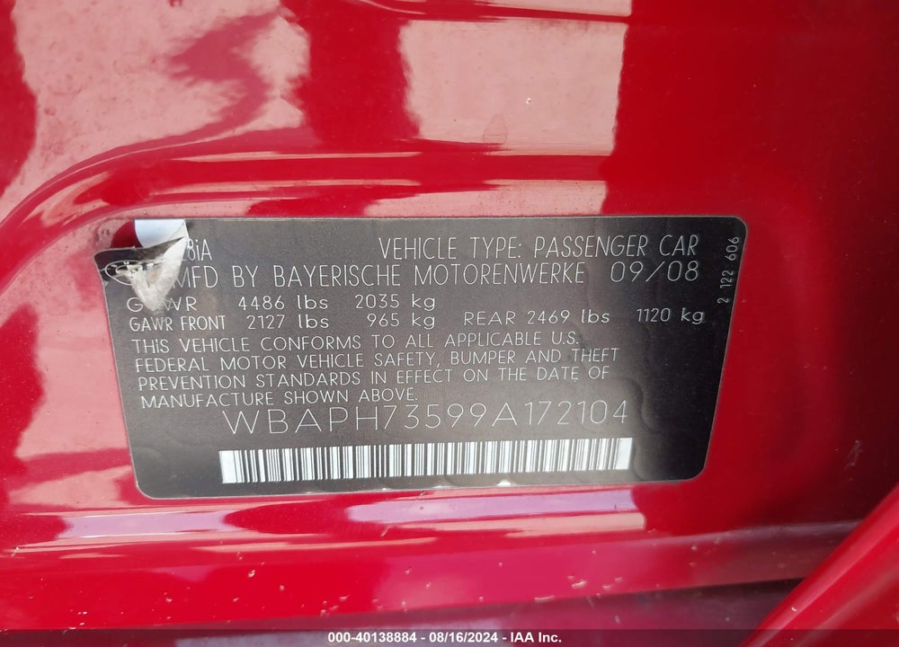 2009 BMW 328I VIN: WBAPH73599A172104