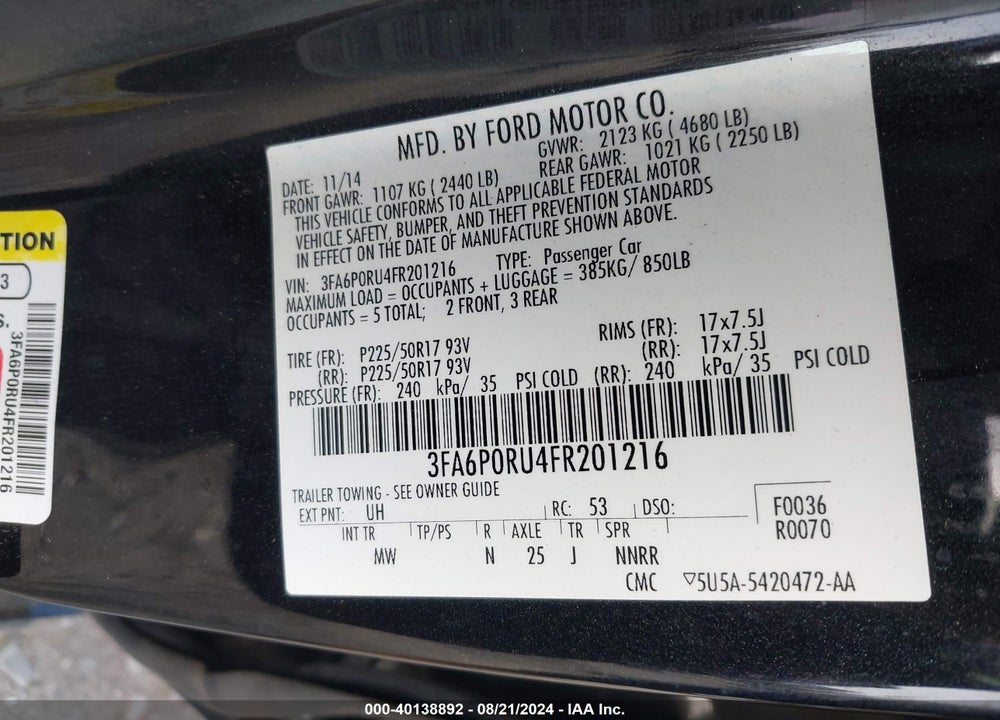 2015 FORD FUSION TITANIUM HYBRID VIN: 3FA6P0RU4FR201216