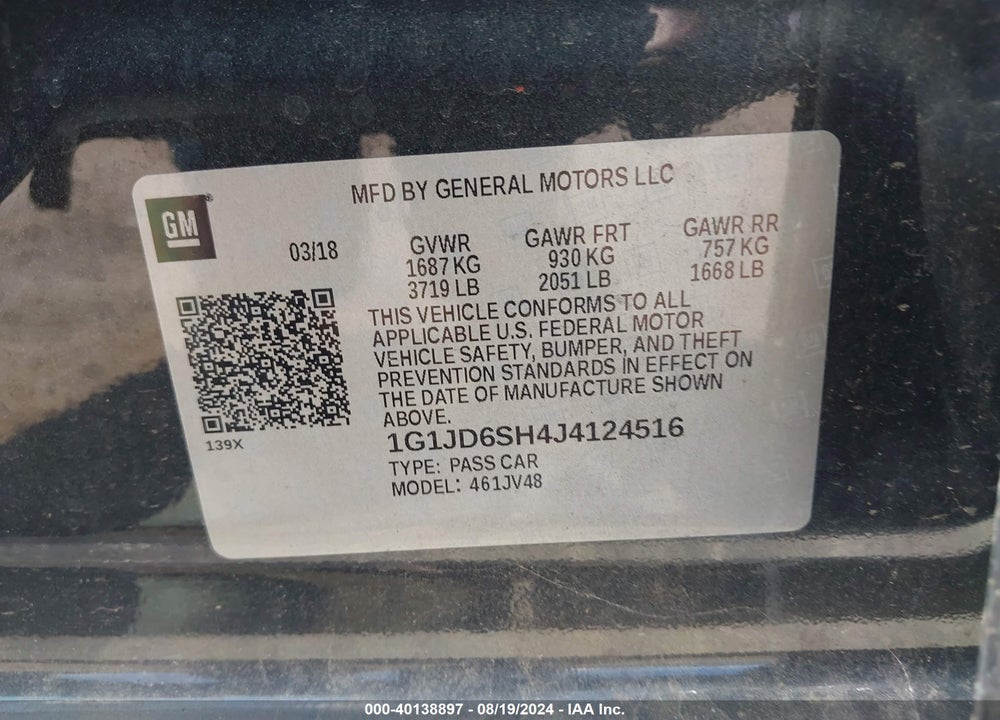 2018 CHEVROLET SONIC VIN: 1G1JD6SH4J4124516