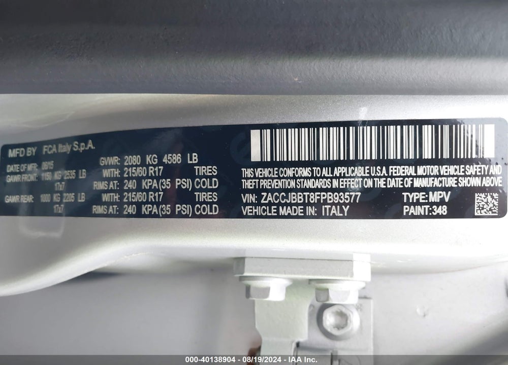 2015 JEEP RENEGADE LATITUDE VIN: ZACCJBBT8FPB93577