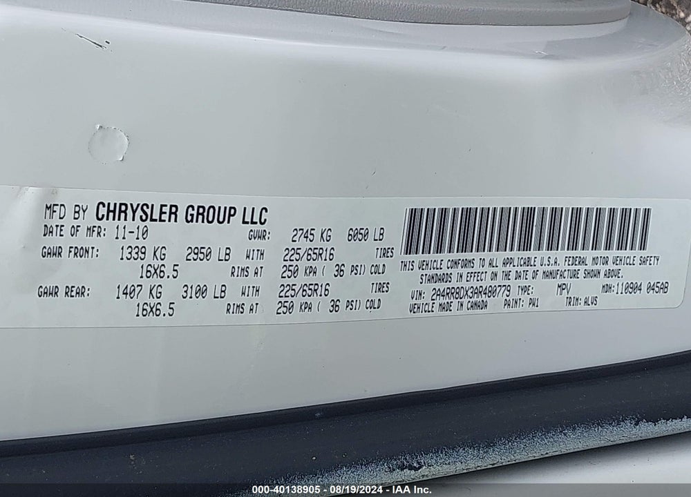 2010 CHRYSLER TOWN & COUNTRY TOURING PLUS VIN: 2A4RR8DX3AR480779