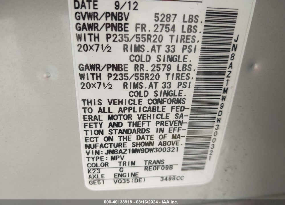 2013 NISSAN MURANO LE VIN: JN8AZ1MW9DW300321