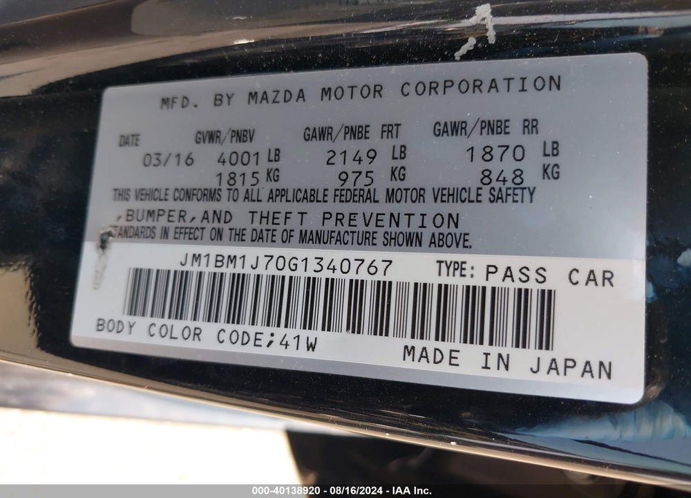 2016 MAZDA 3 I SPORT VIN: JM1BM1J70G1340767
