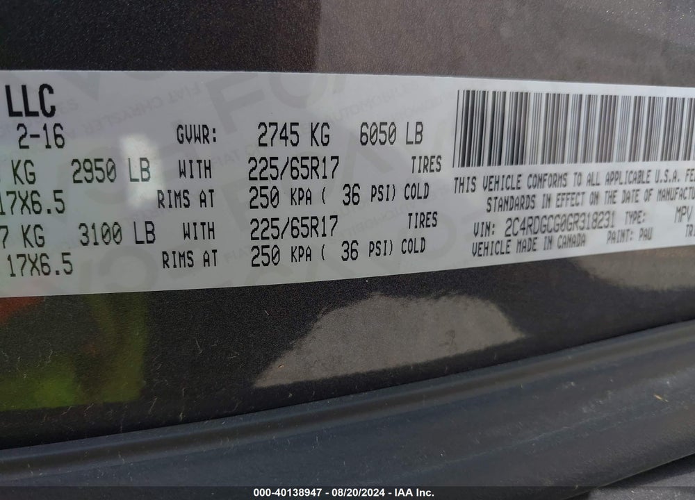2016 DODGE GRAND CARAVAN SXT VIN: 2C4RDGCG0GR318231