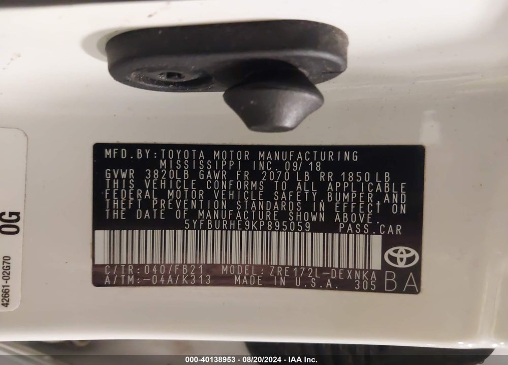 2019 TOYOTA COROLLA LE VIN: 5YFBURHE9KP895059