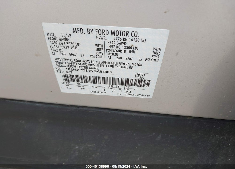 2019 FORD EXPLORER XLT VIN: 1FM5K7D81KGA83808
