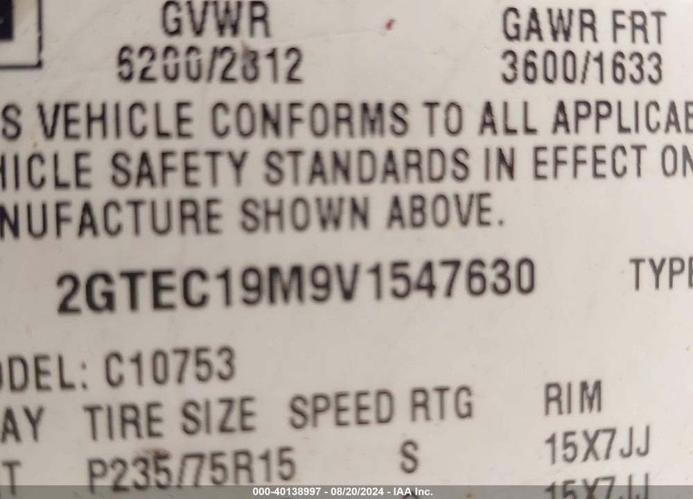1997 GMC SIERRA 1500 SL WIDESIDE VIN: 2GTEC19M9V1547630