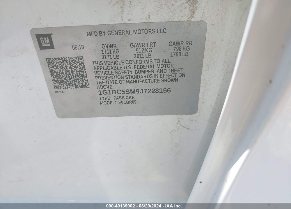 2018 CHEVROLET CRUZE LS AUTO VIN: 1G1BC5SM9J7228156