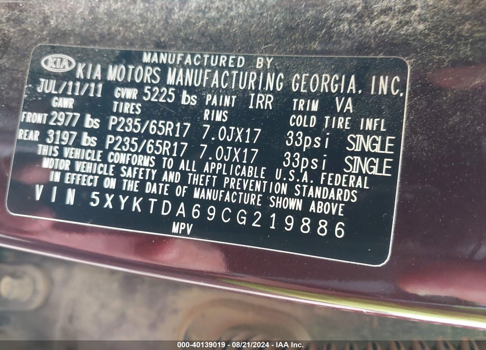 2012 KIA SORENTO LX VIN: 5XYKTDA69CG219886