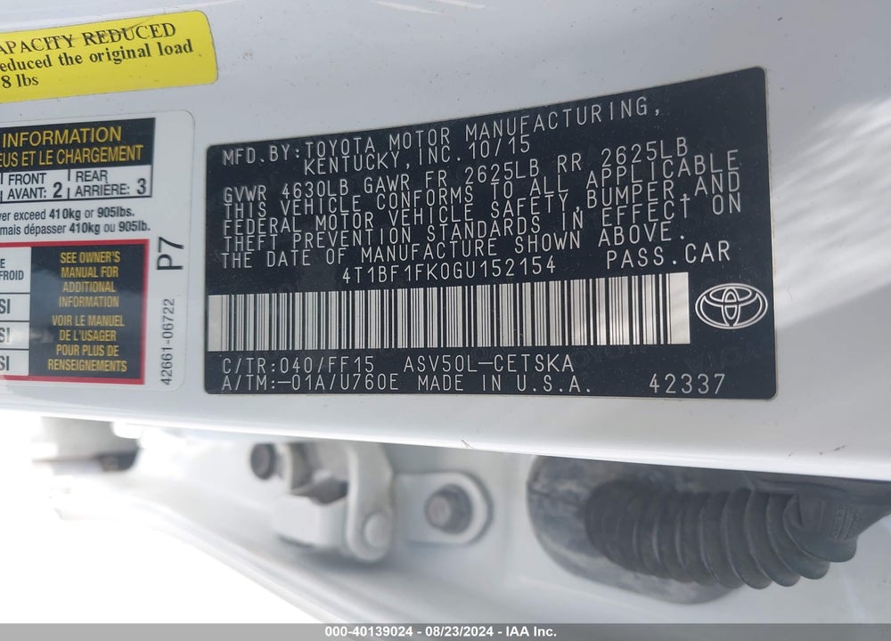 2016 TOYOTA CAMRY SE VIN: 4T1BF1FK0GU152154