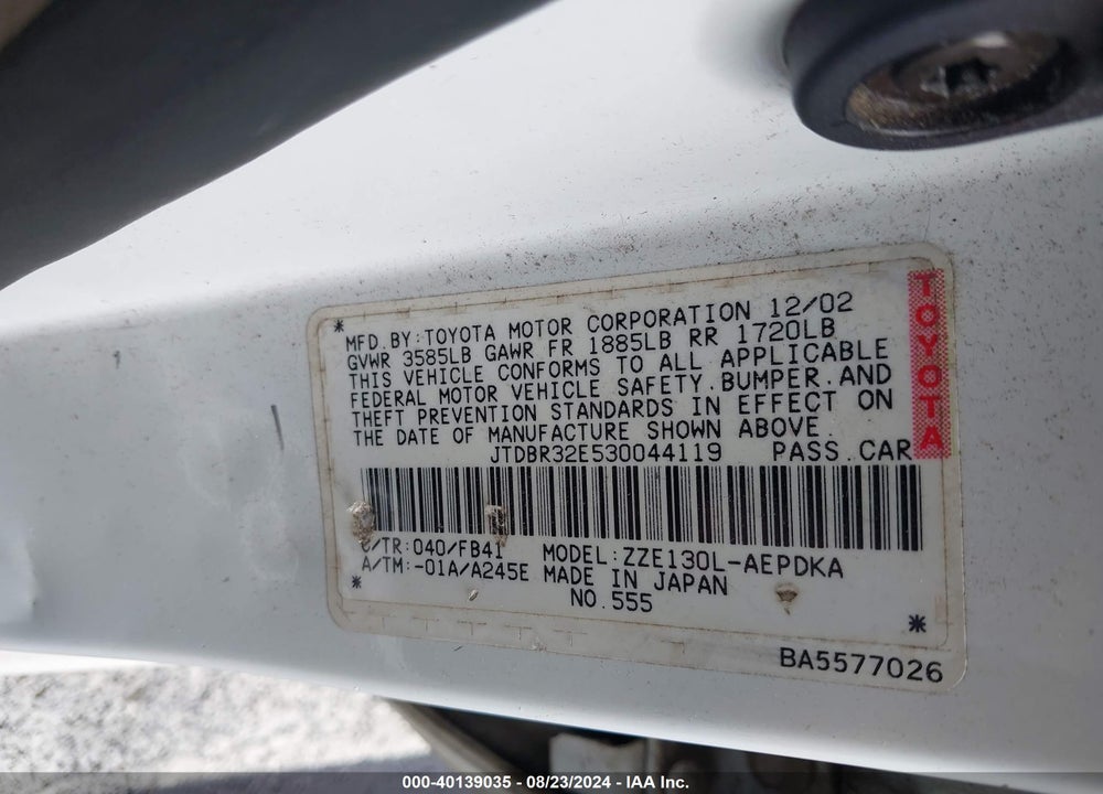 2003 TOYOTA COROLLA CE VIN: JTDBR32E530044119