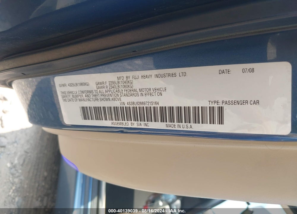 2009 SUBARU LEGACY 2.5I LIMITED VIN: 4S3BL626697215164