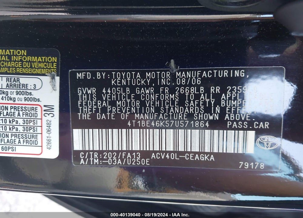 2007 TOYOTA CAMRY XLE VIN: 4T1BE46K57U571864
