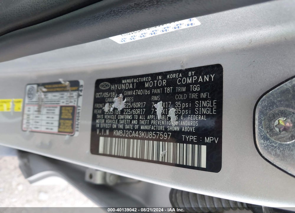 2019 HYUNDAI TUCSON SE VIN: KM8J2CA43KU857597