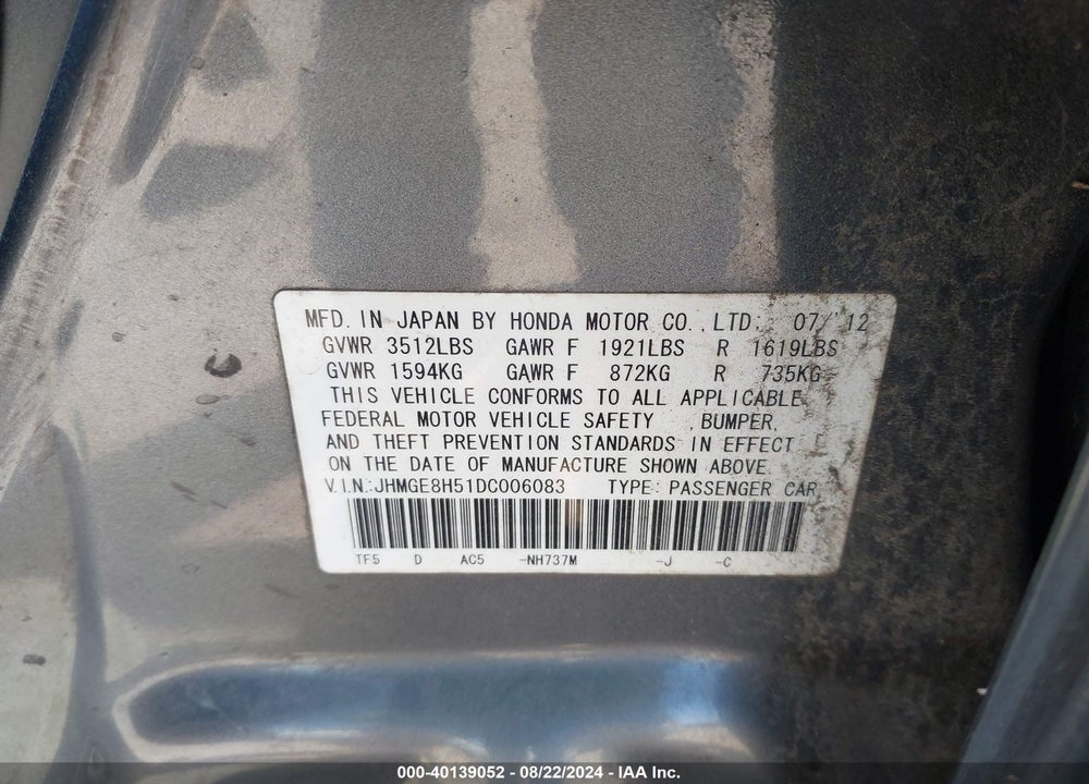 2013 HONDA FIT SPORT VIN: JHMGE8H51DC006083