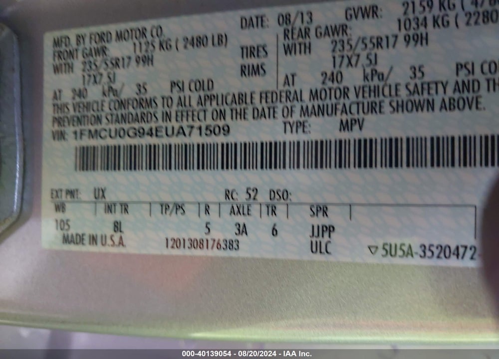 2014 FORD ESCAPE SE VIN: 1FMCU0G94EUA71509