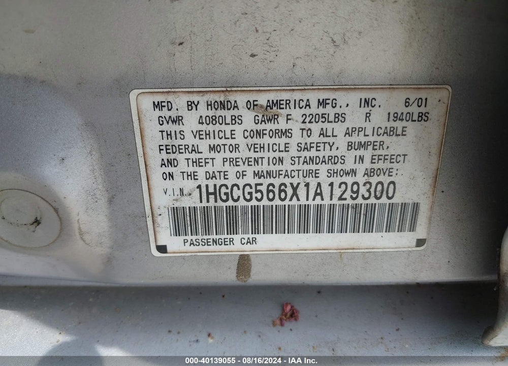 2001 HONDA ACCORD 2.3 EX VIN: 1HGCG566X1A129300