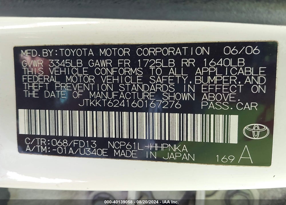 2006 SCION XA VIN: JTKKT624160167276
