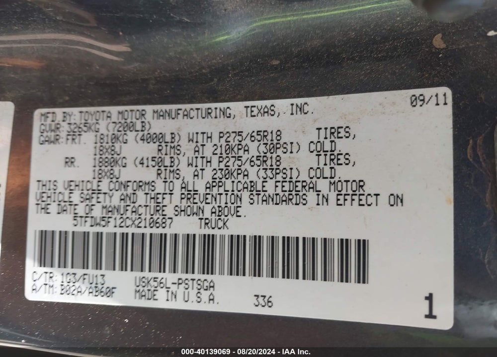 2012 TOYOTA TUNDRA VIN: 5TFDW5F12CX210687