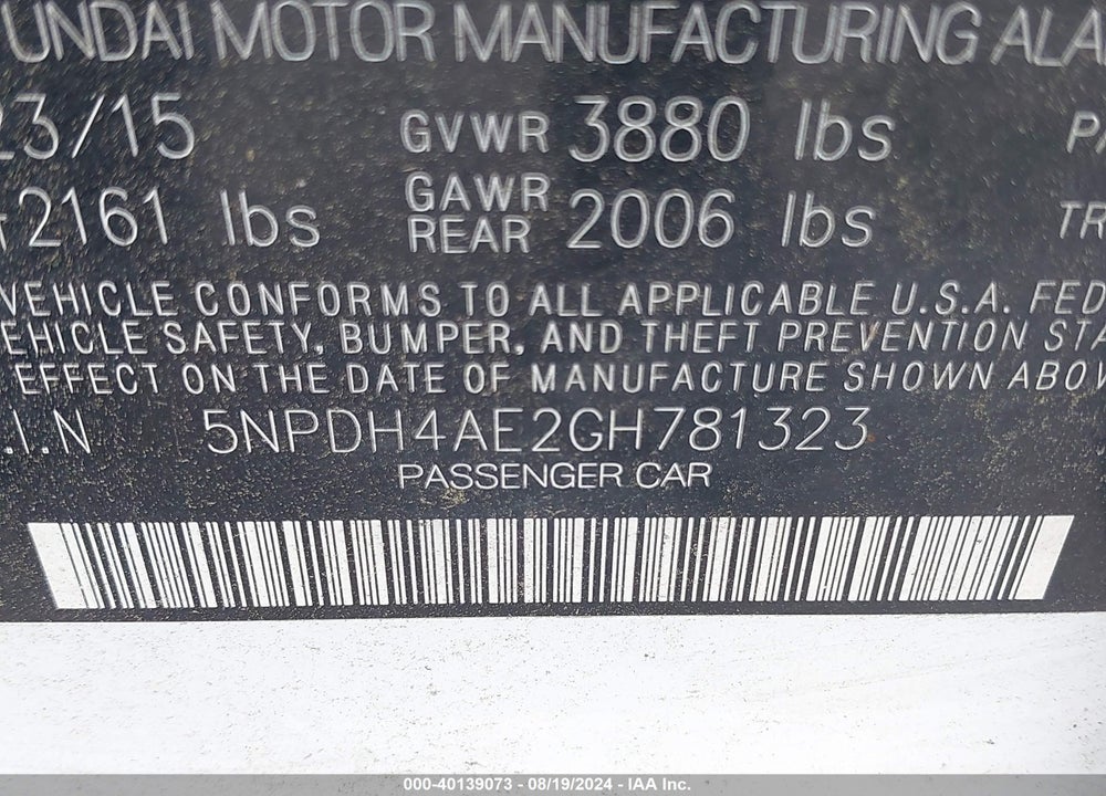 2016 HYUNDAI ELANTRA SE VIN: 5NPDH4AE2GH781323