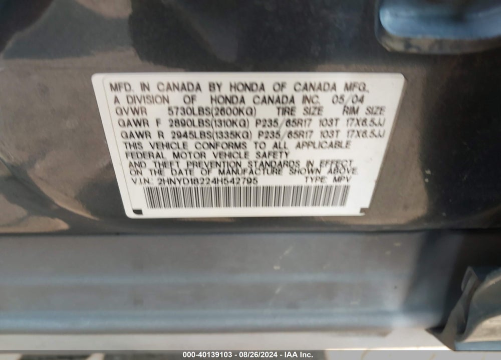 2004 ACURA MDX VIN: 2HNYD18224H542795