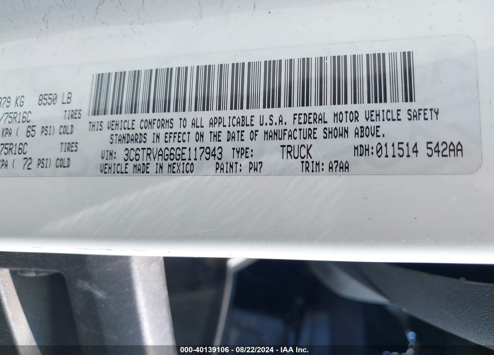 2016 RAM PROMASTER 1500 LOW ROOF VIN: 3C6TRVAG6GE117943