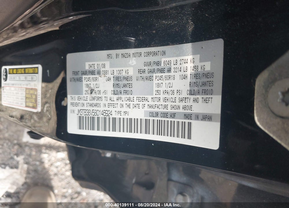 2008 MAZDA CX-9 TOURING VIN: JM3TB38V580146924