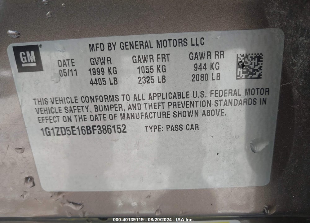 2011 CHEVROLET MALIBU 2LT VIN: 1G1ZD5E16BF386152