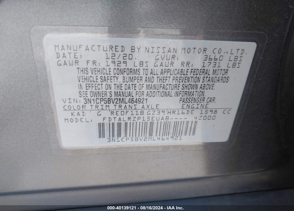2021 NISSAN KICKS S XTRONIC CVT VIN: 3N1CP5BV2ML464921
