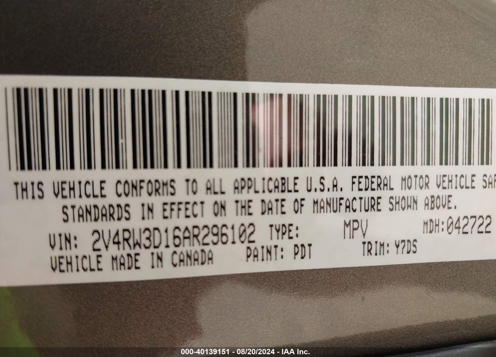 2010 VOLKSWAGEN ROUTAN VIN: 2V4RW3D16AR296102