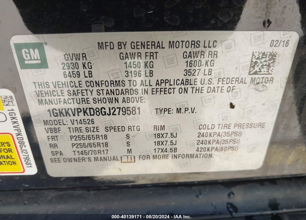 2016 GMC ACADIA SLE-2 VIN: 1GKKVPKD8GJ279581