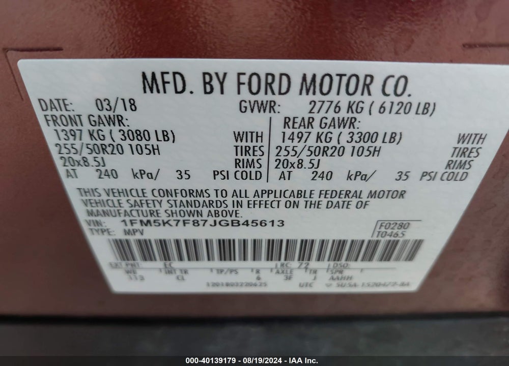2018 FORD EXPLORER VIN: 1FM5K7F87JGB45613